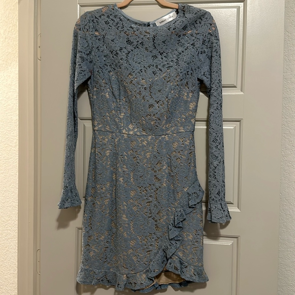 Gorgeous blue long sleeve lace mini dress w/nude under. Only worn once!